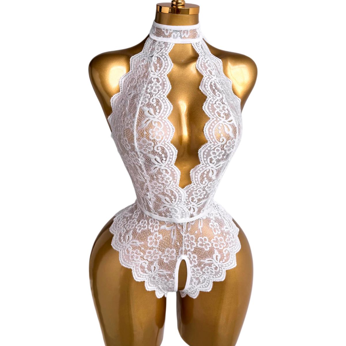 White Halter Neck Floral Lace  - Lace Teddy Lingerie avis et prix