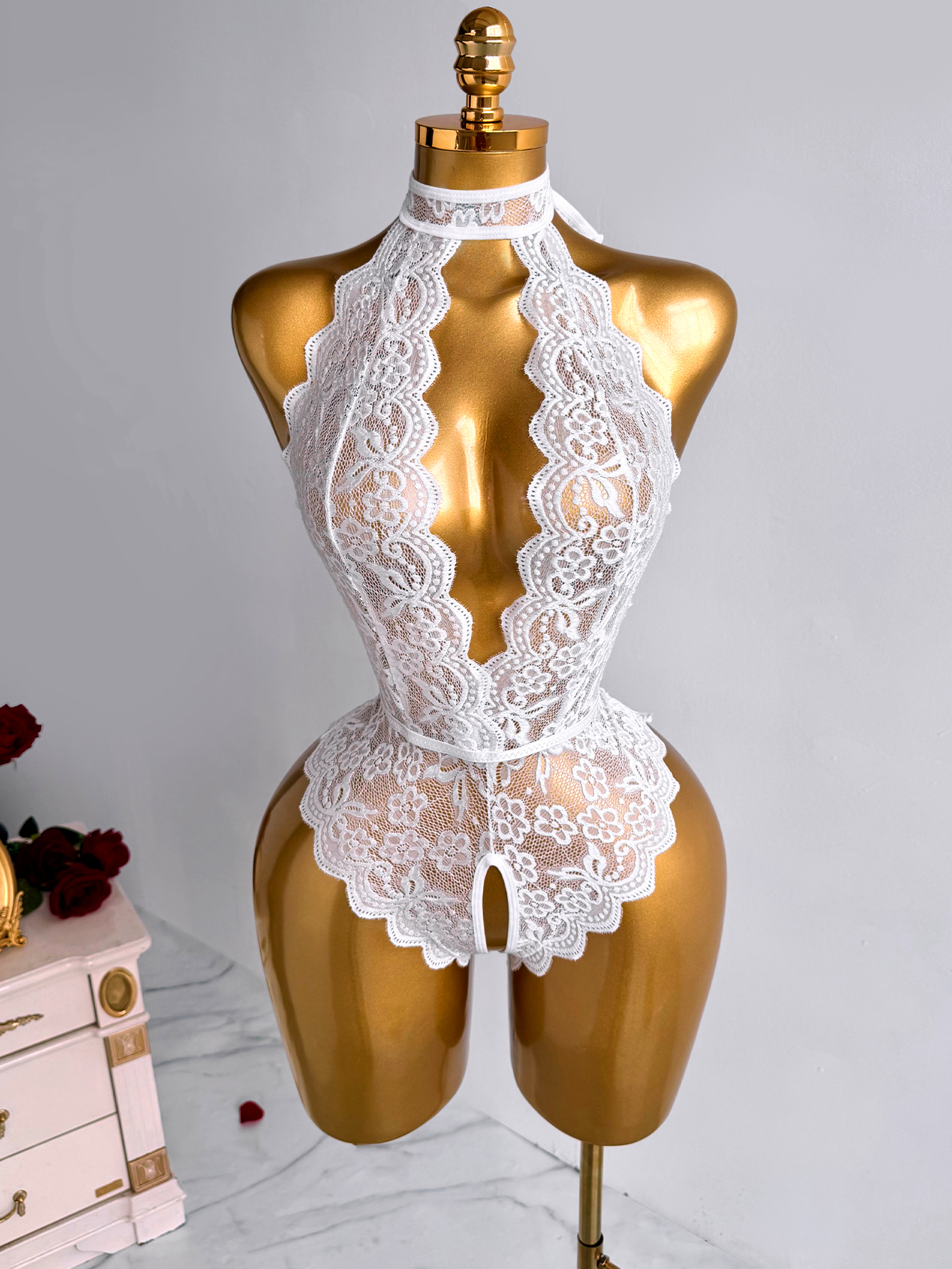White Halter Neck Floral Lace  - Lace Teddy Lingerie avis et prix