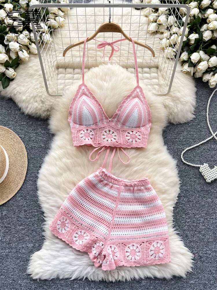 Beach Vacation Knit 2pcs Suits - Cami Top Lace avis et prix