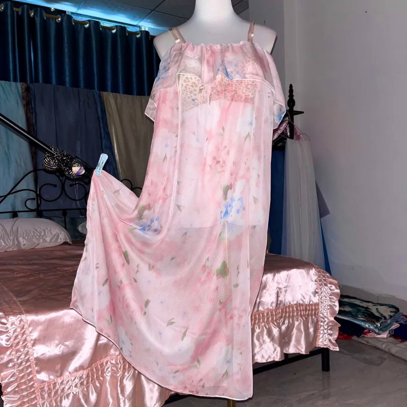 Pink Silk Printed See Through  - Robe Silk Women avis et prix