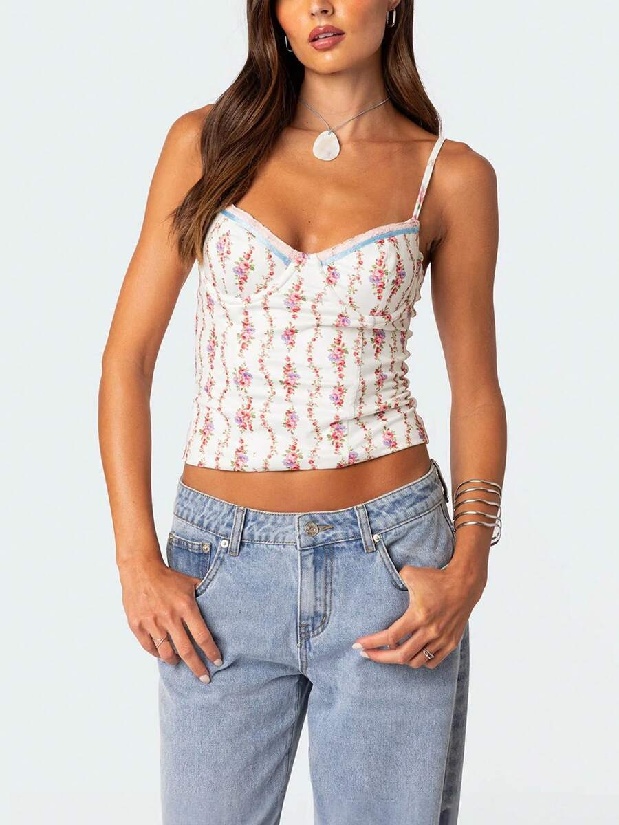 Women Floral Print Tie Strap V - Cami Top Lace avis et prix